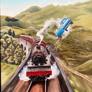 "Harry! Chyť se!" "Rád bych! Potí se ti ruce!" Hahah. Máš rád Bradavický vlak? A Harryho? A létající auto? Na. Ber! Olej...